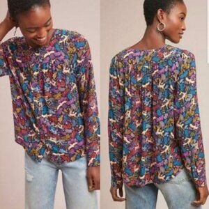 Anthropologie Blouse Oh Deer Woodland Animals Button Down Top